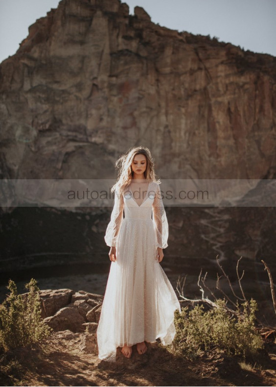 Long Sleeves Ivory Sparkle Tulle Backless Wedding Dress